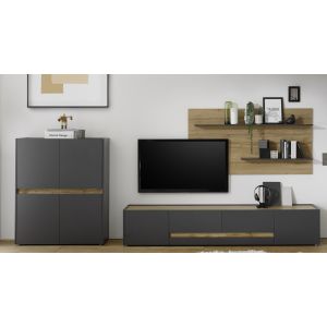 CITY Wohnwand 16 Front/Korpus Anthrazit Applikation Wotan Eiche Dekor 3 teilig