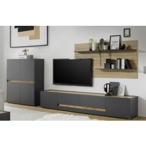 CITY Wohnwand 16 Front/Korpus Anthrazit Applikation Wotan Eiche Dekor 3 teilig