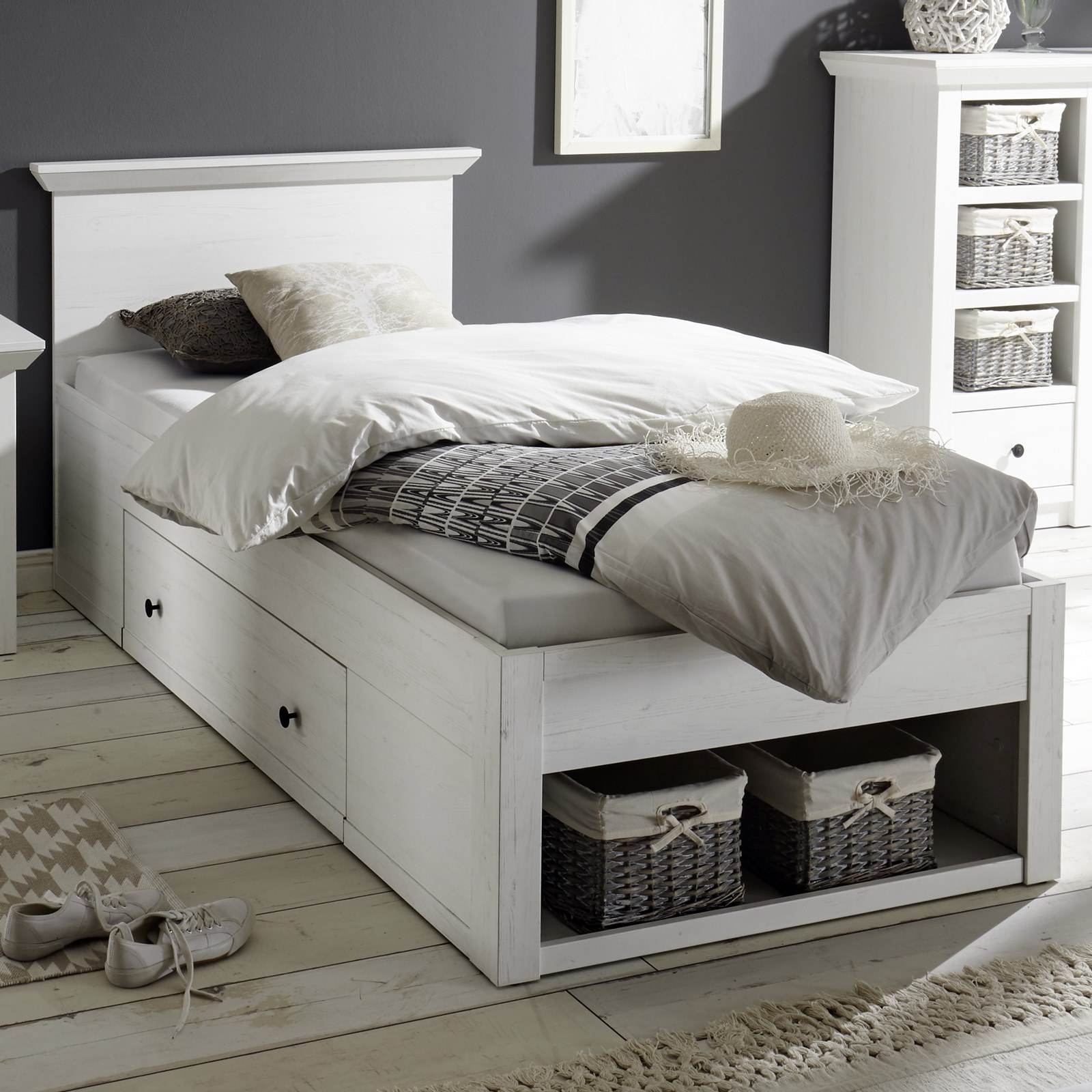 WESTERLAND Bett Liegefläche 90 cm x 200 cm in Pinie weiß Nachbildung mit  einem Schubkasten | sofaundco